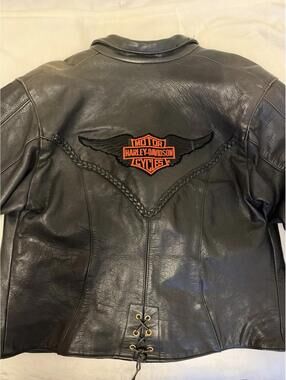 Vintage Women's Leather Jacket with Harley Davidson Patch on Back Black Sz XL